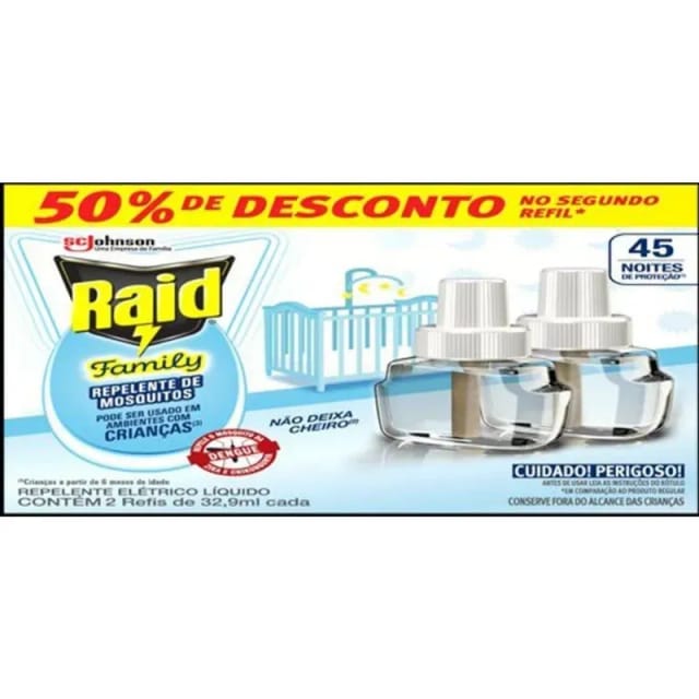 Imagem do produto Repelente Elétrico Raid 45N Family 32,9ml 2 Refis 50% de Desconto na 2ª Unidade