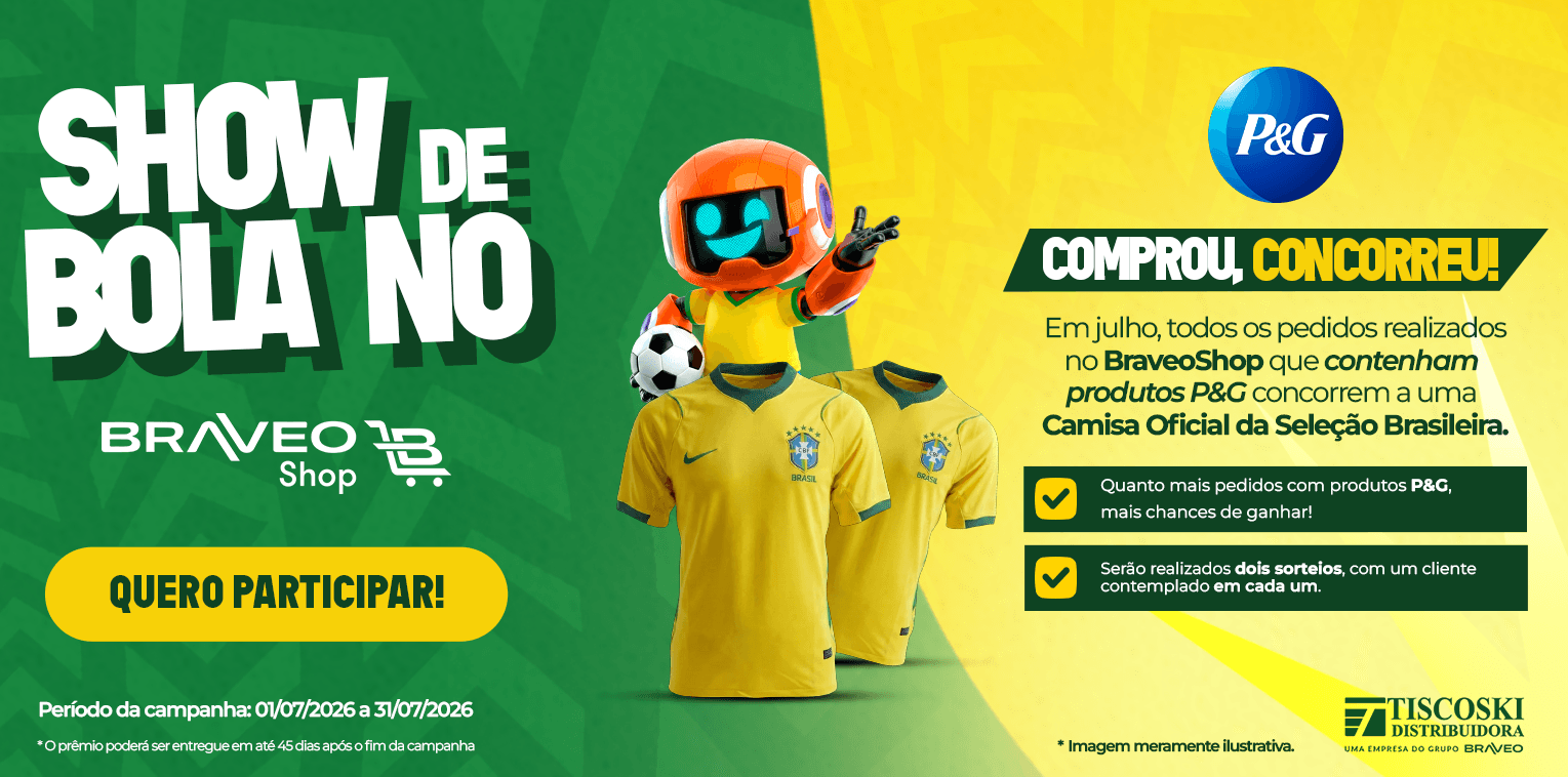 Show de Bola no Braveo Shop, compre produtos P&G e ganhe uma camisa oficial da seleção Brasileira.